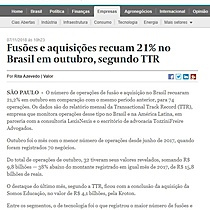 Fuses e aquisies recuam 21% no Brasil em outubro, segundo TTR